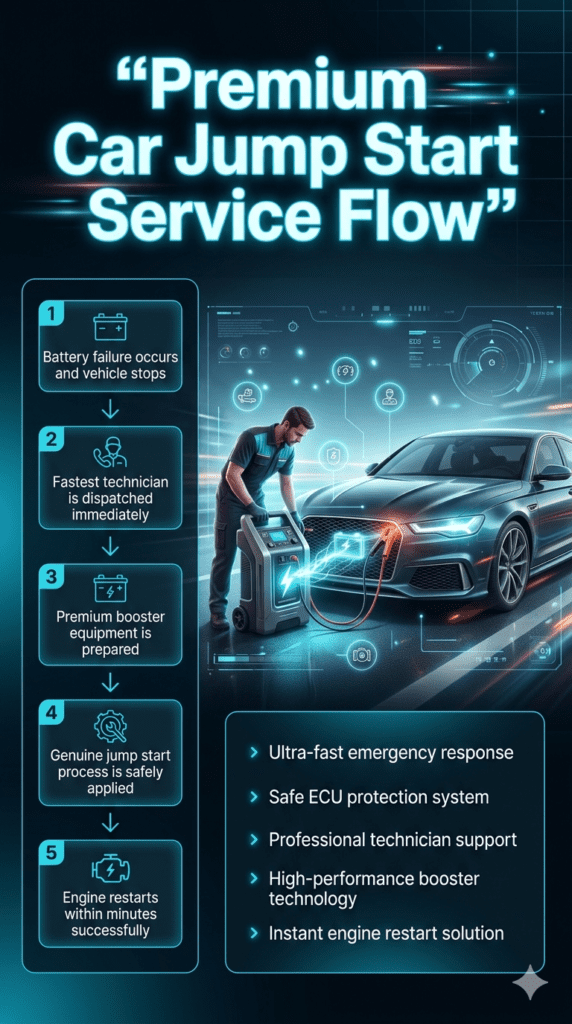 Futuristic infographic showing step-by-step premium car jump start service with technician, booster equipment, and engine restart in a high-tech automotive roadside assistance design.