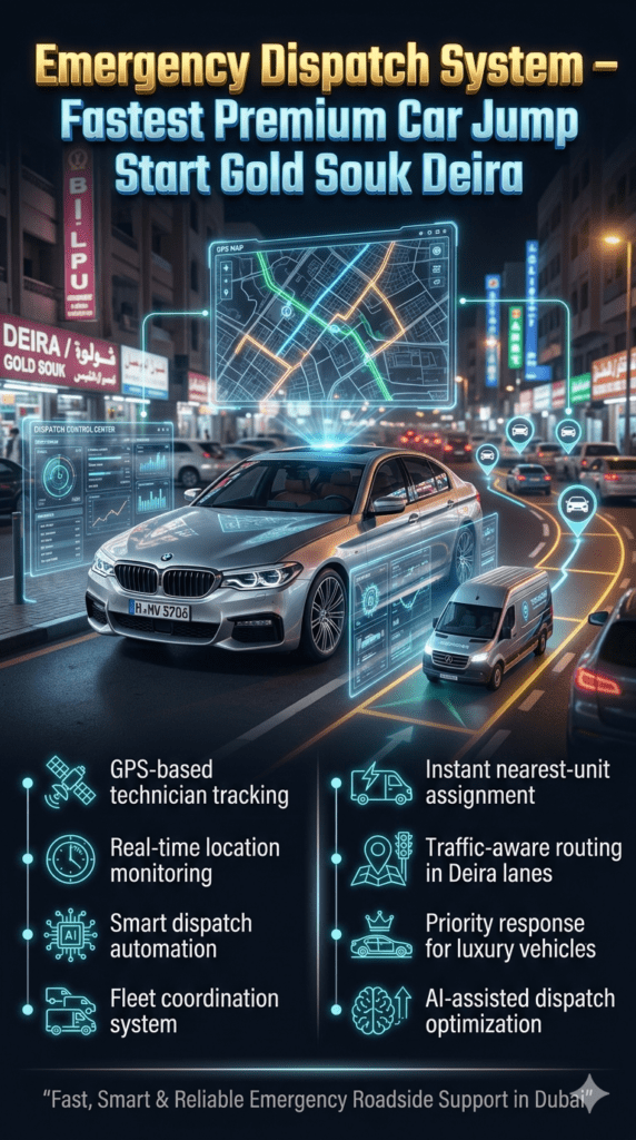 Futuristic emergency dispatch system infographic showing GPS-based technician tracking, real-time routing, and luxury car jump start support in Gold Souk Deira with holographic map and smart routing visuals.