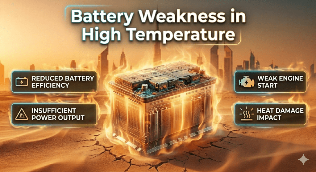 Car battery in high heat environment showing weakness due to temperature, with title “Battery Weakness in High Temperature” and side points explaining reduced efficiency and power loss.