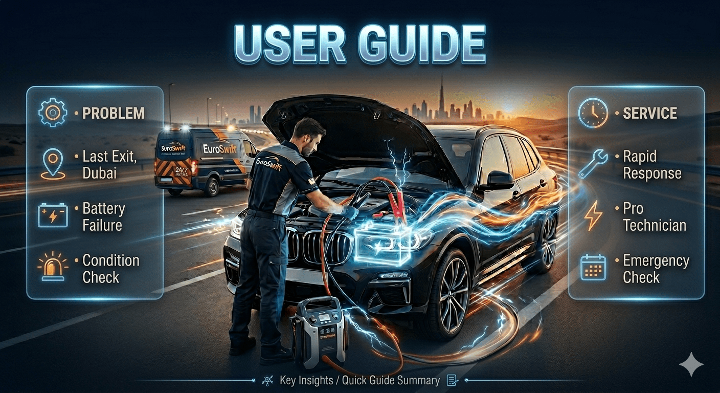 Modern user guide infographic featuring a central brand visual with structured key points on both sides and a bold title on top in a futuristic UI design style.