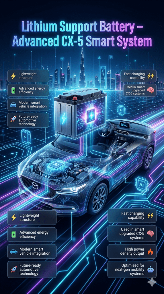 Mazda CX-5 lithium support battery infographic showing lightweight design, fast charging capability, and smart system integration for advanced vehicle models.
