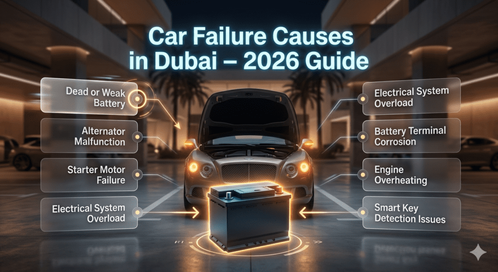 Car breakdown causes in Dubai showing battery failure, alternator issues, and overheating in mall parking environment.