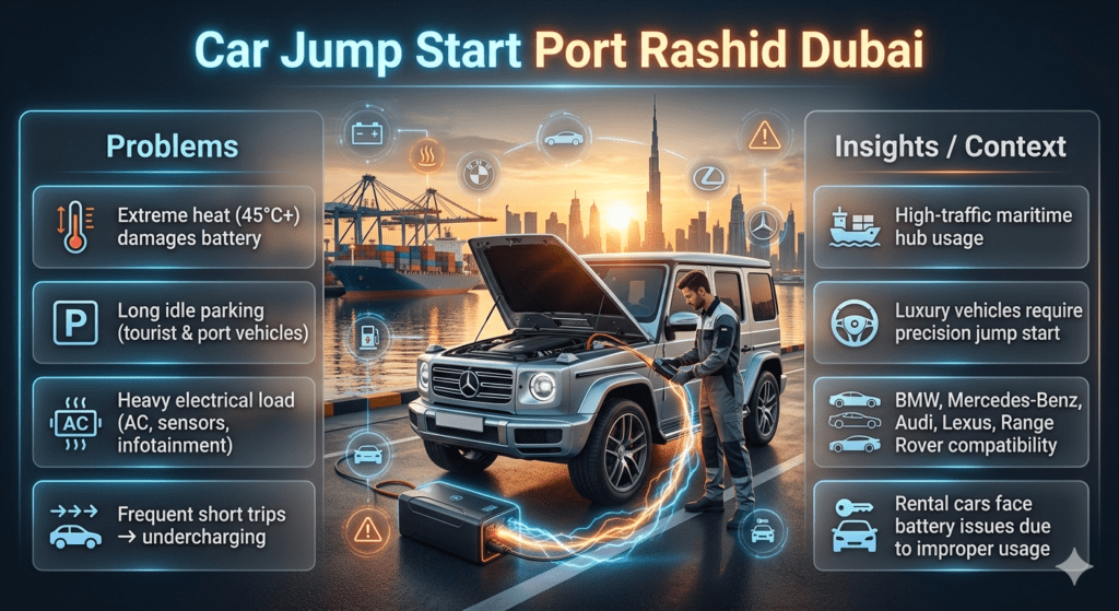 Car jump start Port Rashid Dubai infographic showing heat impact, battery issues, and luxury vehicle roadside assistance in UAE