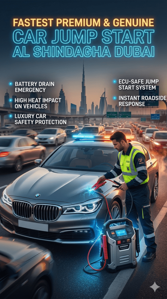 Professional emergency roadside jump start service in Al Shindagha Dubai showing technician safely connecting high-capacity jump starter to a stranded car in heavy traffic conditions.