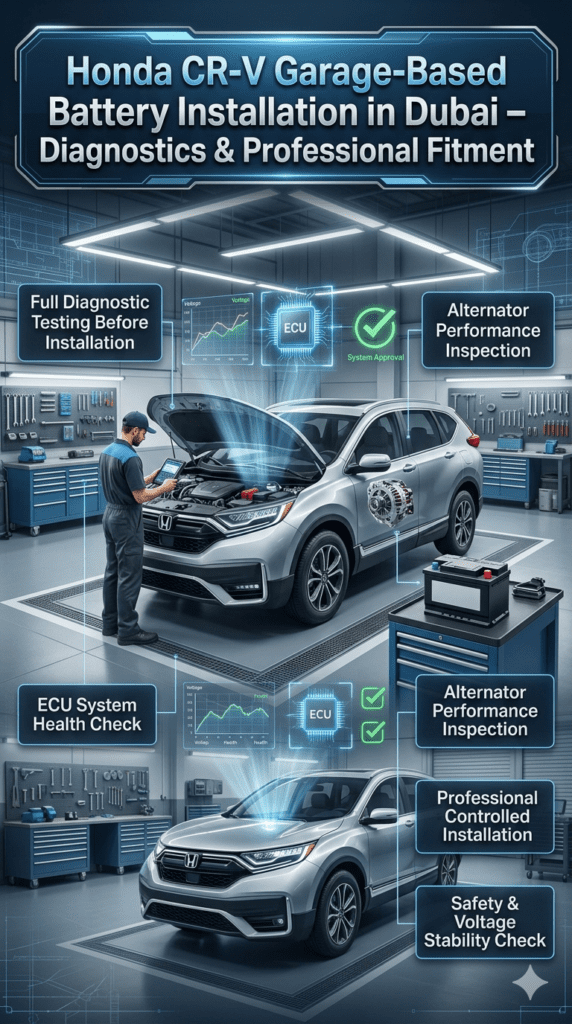 Honda CR-V battery installation in modern garage showing diagnostic testing, ECU and alternator check, and professional controlled workshop installation.