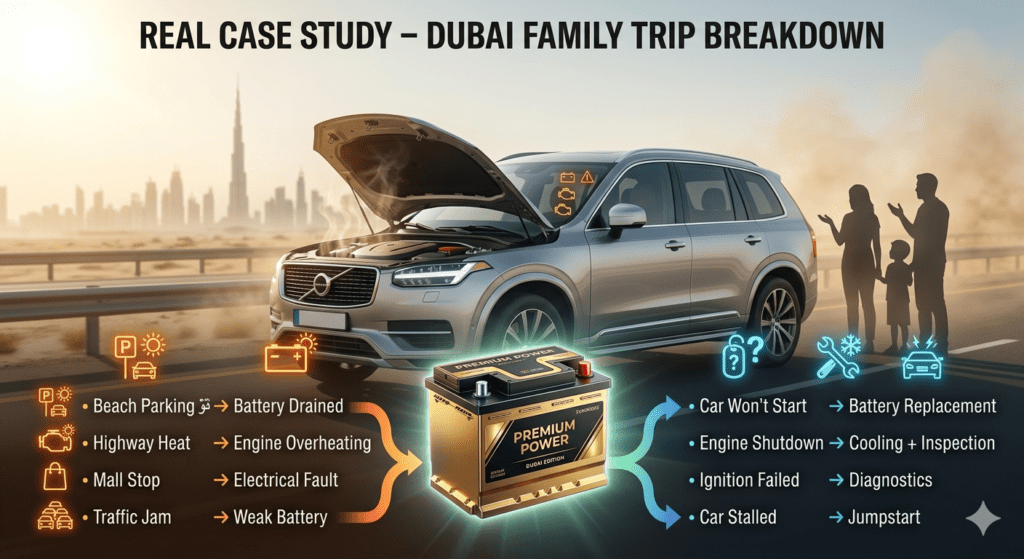 Infographic showing real case scenarios of car breakdown during a family trip in Dubai with causes, results, and solutions