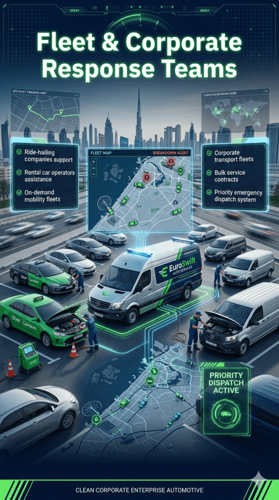 Fleet and corporate response teams in Dubai managing ride-hailing cars, rental vehicles, and corporate transport fleets with roadside assistance and digital tracking system.