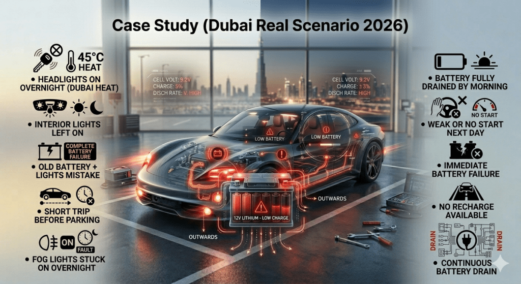 Dubai 2026 case study showing car battery drain caused by headlights, interior lights, and fog lights left ON overnight