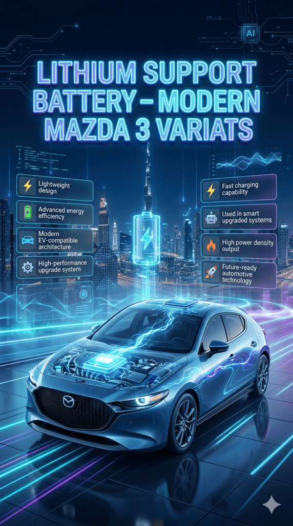 Mazda 3 lithium support battery infographic showing lightweight design, fast charging capability, and smart system integration for modern upgraded variants.