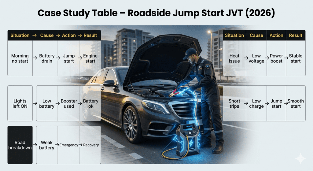 Case study table of roadside jump start service in Jumeirah Village Triangle showing different battery failure situations, causes, actions, and results around a technician boosting a car.