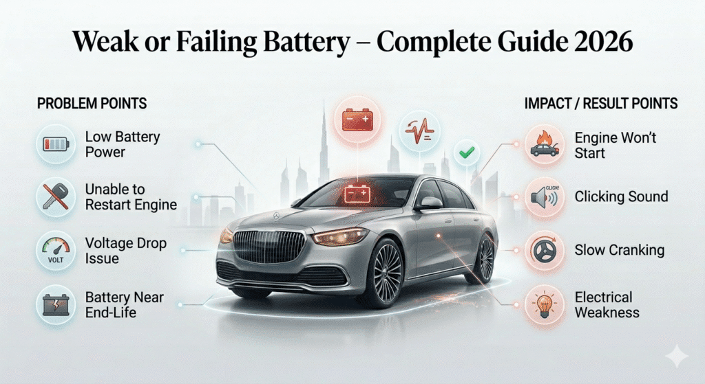 Weak car battery causing engine not to start after refueling shown in a clean infographic guide
