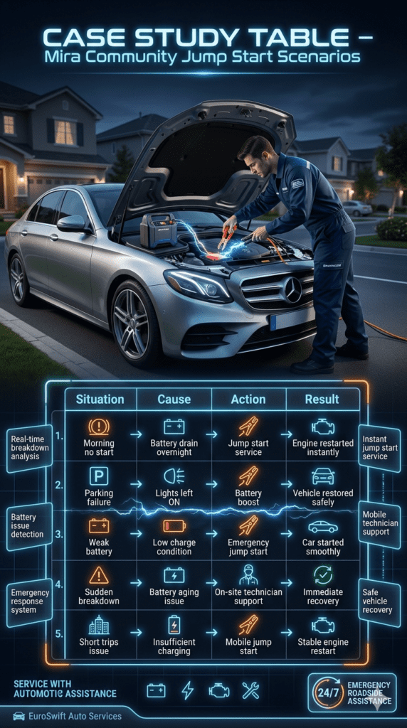 Cinematic infographic showing Mira Community jump start case study table with breakdown situations, causes, actions, and results alongside technician performing emergency battery boost.