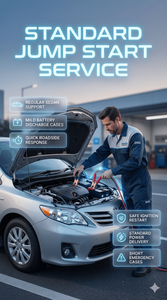 Technician performing standard jump start service on a regular sedan vehicle with mild battery discharge using safe cable connection for quick roadside power restoration.