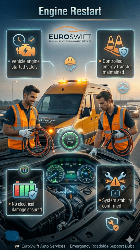 A roadside assistance technician successfully starting a car engine after jump-start, with dashboard lights turning on and system stability confirmed.