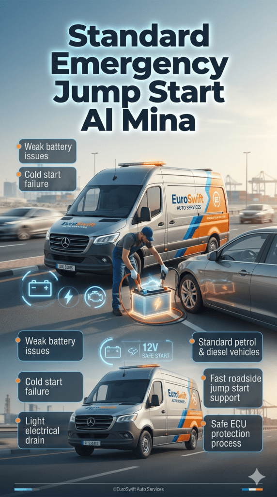 Standard emergency jump start service in Al Mina Dubai showing technician connecting jumper cables to a normal car battery with roadside assistance van and infographic-style safety points.