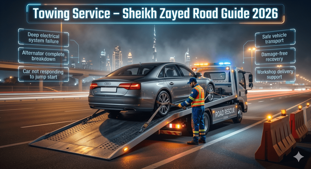 A cinematic roadside towing scene on Sheikh Zayed Road showing a professional operator loading a luxury car onto a flatbed tow truck with futuristic informational panels explaining towing conditions and benefits.