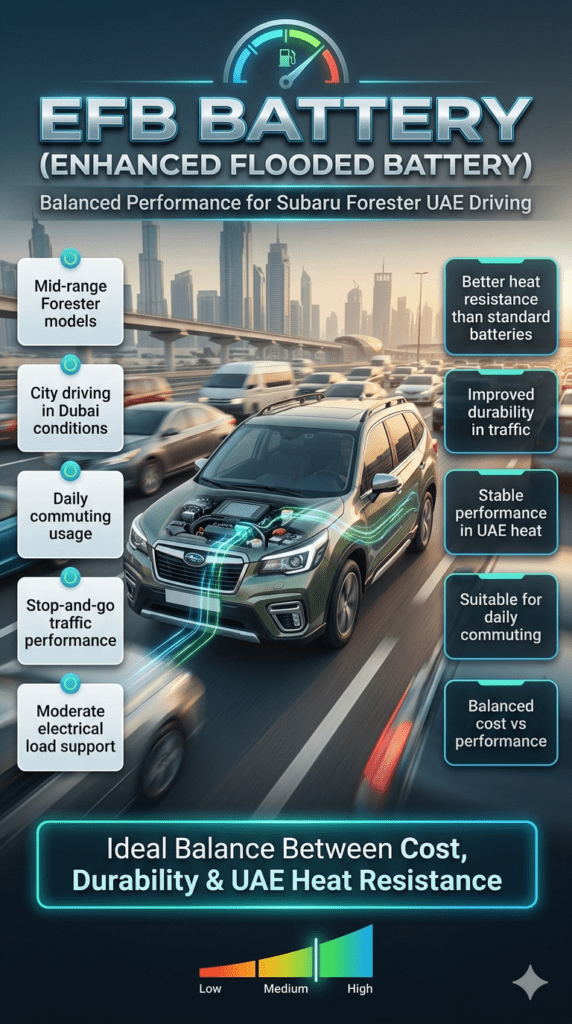 Subaru Forester infographic showing EFB battery type with features like improved heat resistance, traffic durability, and suitability for city driving in UAE displayed in side panels with Dubai traffic background.