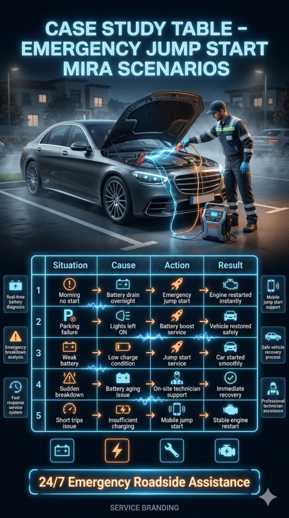 Cinematic infographic showing emergency jump start case study table in Mira with breakdown situations, causes, actions, and results alongside technician performing battery boost service.