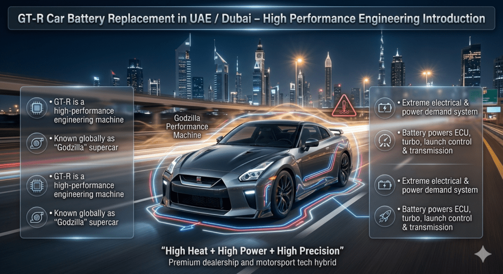 Nissan GT-R battery system infographic UAE Dubai showing supercar ECU, turbo, launch control, and high-performance electrical system under extreme heat conditions.