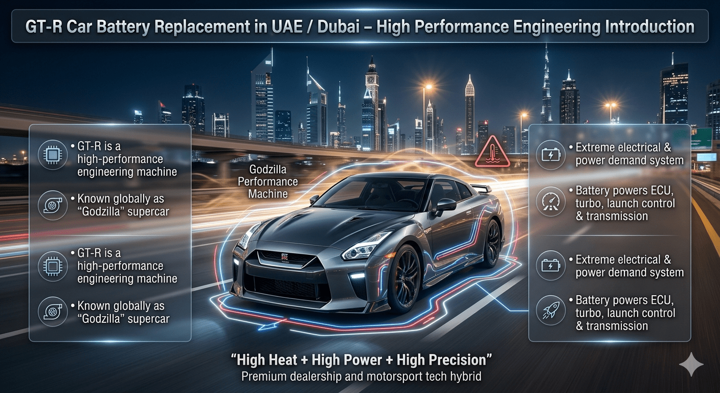 Nissan GT-R battery system infographic UAE Dubai showing supercar ECU, turbo, launch control, and high-performance electrical system under extreme heat conditions.