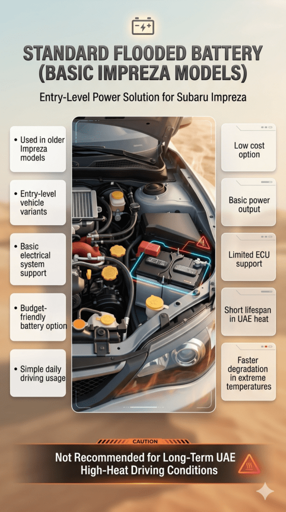 Subaru Impreza infographic showing standard flooded battery in engine bay with points like low cost, basic electrical support, and short lifespan in UAE heat displayed in side panels.