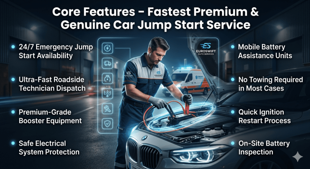 Professional roadside technician performing safe car jump start with advanced booster equipment and mobile assistance unit in Al Aweer Industrial emergency service setup.