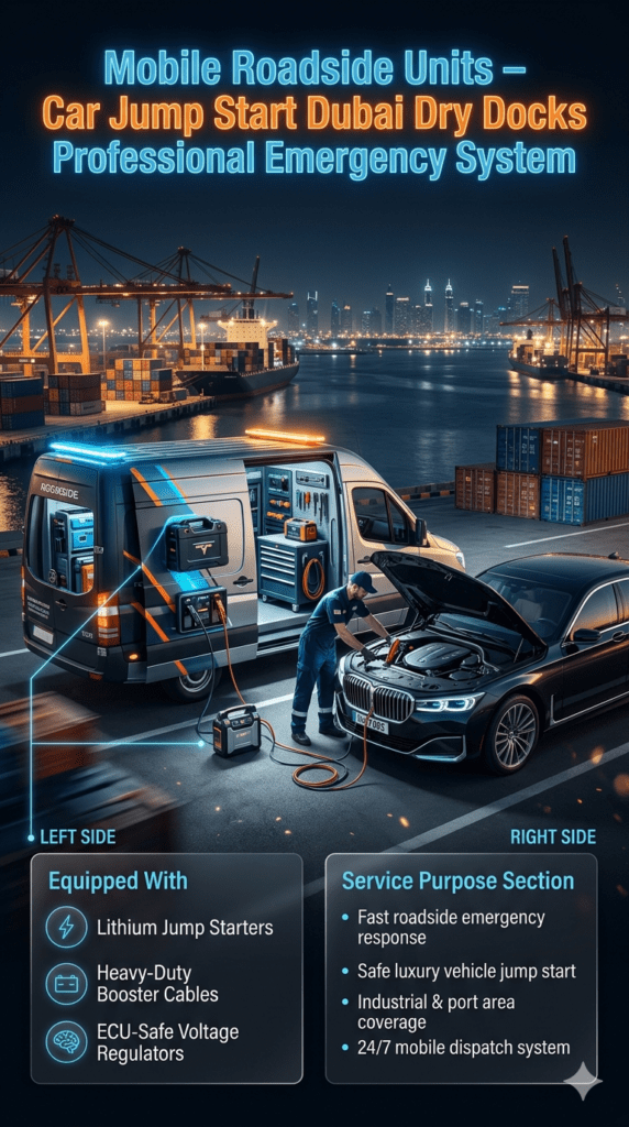 Mobile roadside unit jump start service in Dubai Dry Docks showing technician using lithium jump starter and booster cables on luxury car with equipped service van and emergency tools infographic.