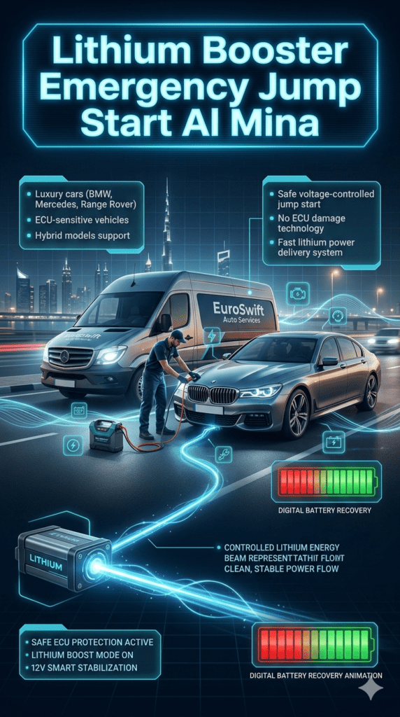 Lithium booster emergency jump start service in Al Mina Dubai showing technician safely starting luxury car using ECU-safe lithium battery system with futuristic HUD interface and roadside assistance van.