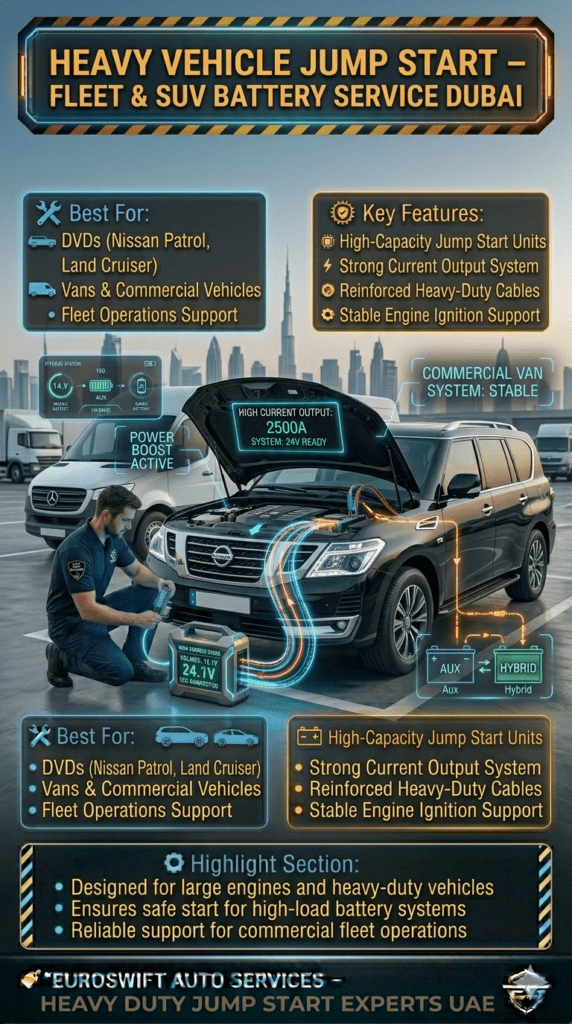 Heavy vehicle jump start service in Dubai showing Nissan Patrol being started using high-capacity booster unit with reinforced cables and fleet support infographic.