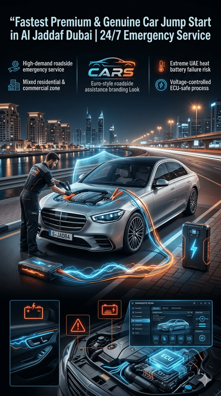 Premium car jump start service in Al Jaddaf Dubai showing technician using ECU-safe voltage-controlled system during roadside battery emergency.