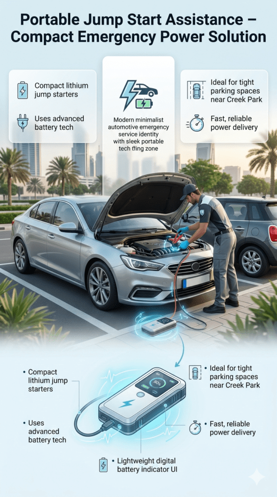 Portable jump start assistance using compact lithium device in tight parking space near Dubai Creek Park for quick car battery boost.