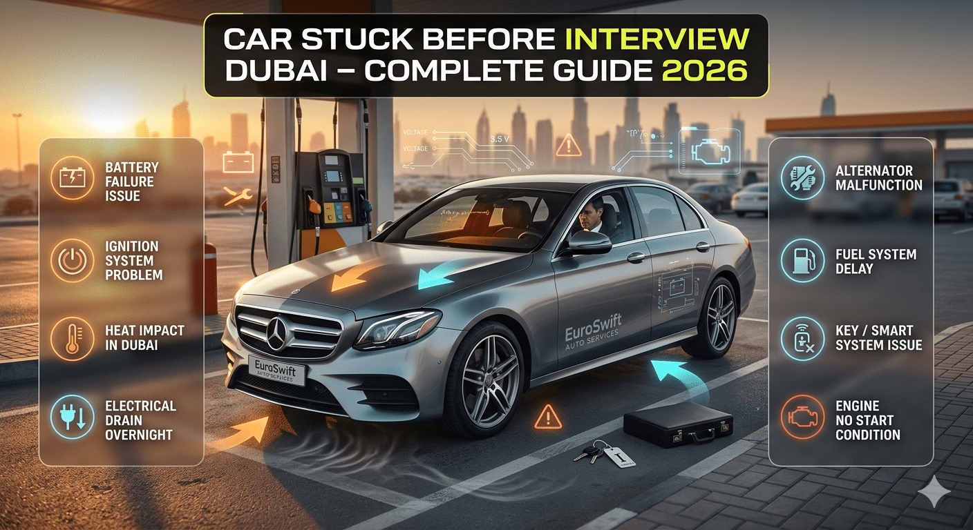 Car stuck before interview in Dubai showing battery, ignition, and system failure causes in infographic style.