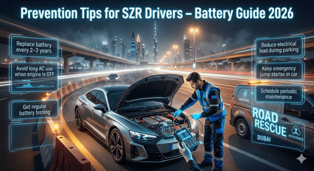 A cinematic roadside assistance scene on Sheikh Zayed Road showing a mechanic demonstrating battery maintenance tips with futuristic panels highlighting prevention advice for drivers.