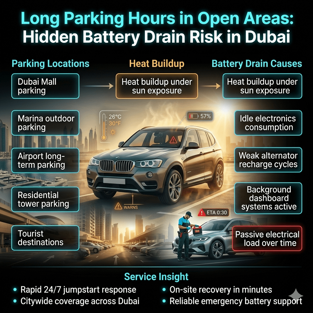 A luxury car parked in Dubai open parking areas under extreme heat showing battery drain risk with roadside jumpstart service arriving.Advanced Diagnostics & Smart Solutions Behind Dubai Fastest and Premium Jumpstart in Dubai (24/7)
