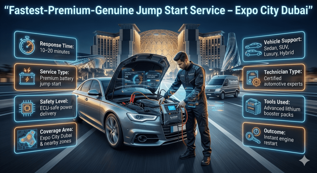 Premium user guide infographic showing jump start service in Expo City Dubai with EuroSwift Auto Services technician, featuring service details like response time, ECU-safe system, and vehicle support in side panels.
