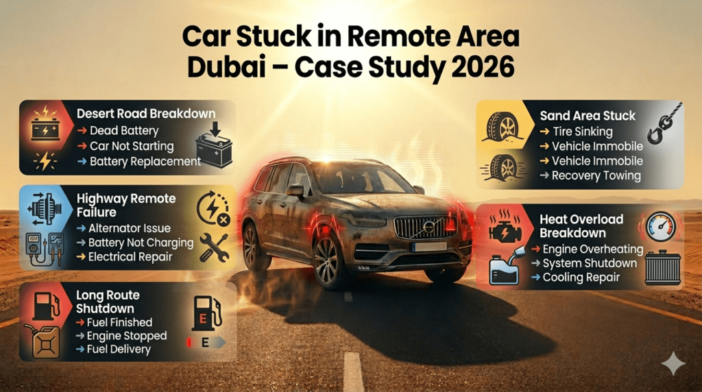 Car breakdown case study Dubai 2026 showing battery failure fuel issues and recovery solutions in remote areas