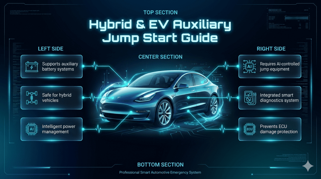 Futuristic infographic showing Hybrid and EV Auxiliary Jump Start system with a central luxury electric vehicle and side panels listing smart AI-powered battery support features.