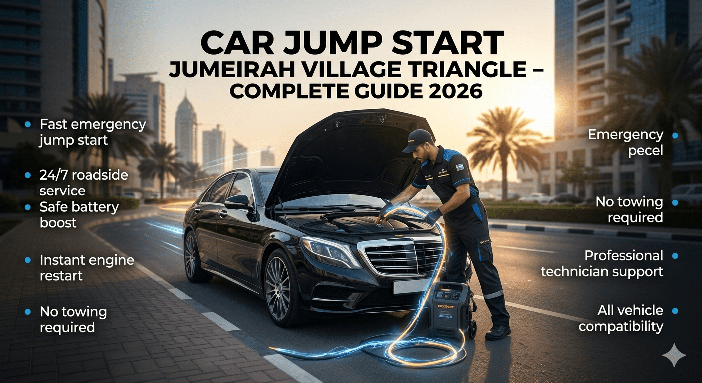 Car jump start service in Jumeirah Village Triangle showing technician boosting a car battery with key features displayed on both sides in an infographic layout.
