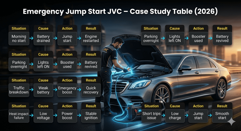 Case study infographic of emergency jump start service in JVC showing situations, causes, actions, and results around a car battery boost scene.