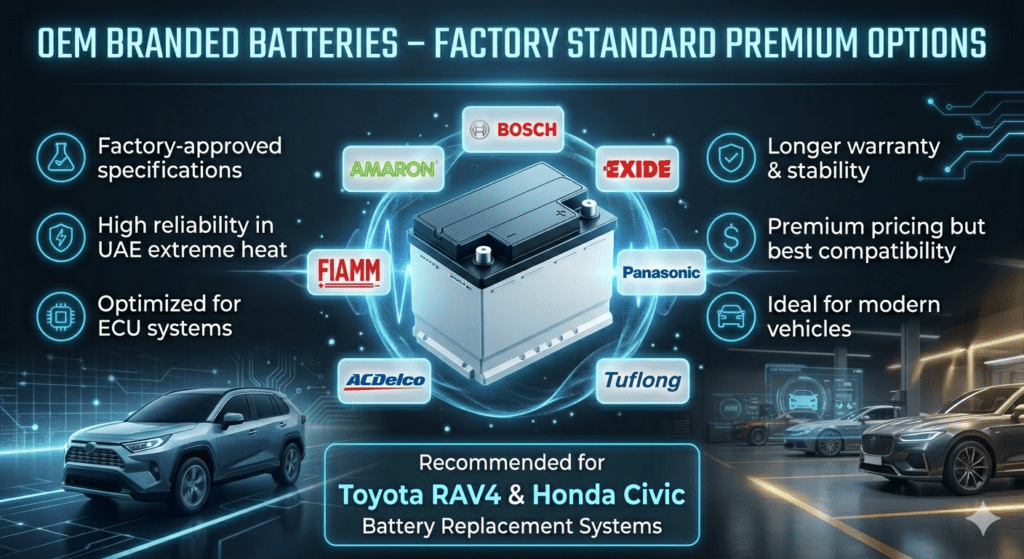 OEM branded car battery infographic showing Amaron, Bosch, Exide, Panasonic, FIAMM, AC Delco, and Tuflong with features and compatibility for Toyota and Honda vehicles.