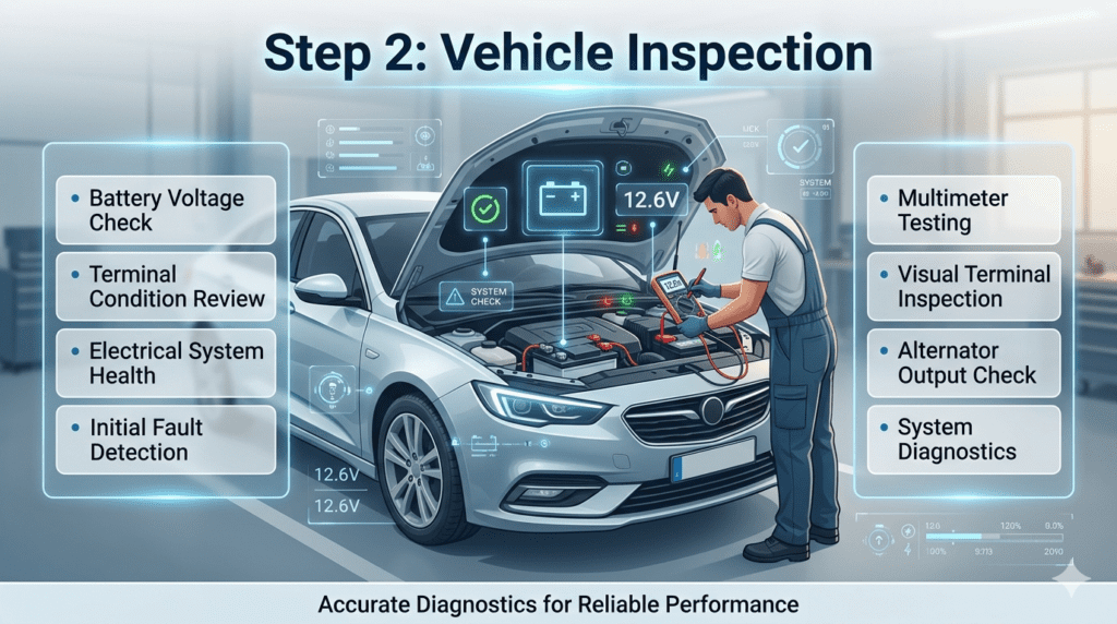 Vehicle inspection step showing technician checking battery voltage, terminal condition, and alternator using diagnostic tools