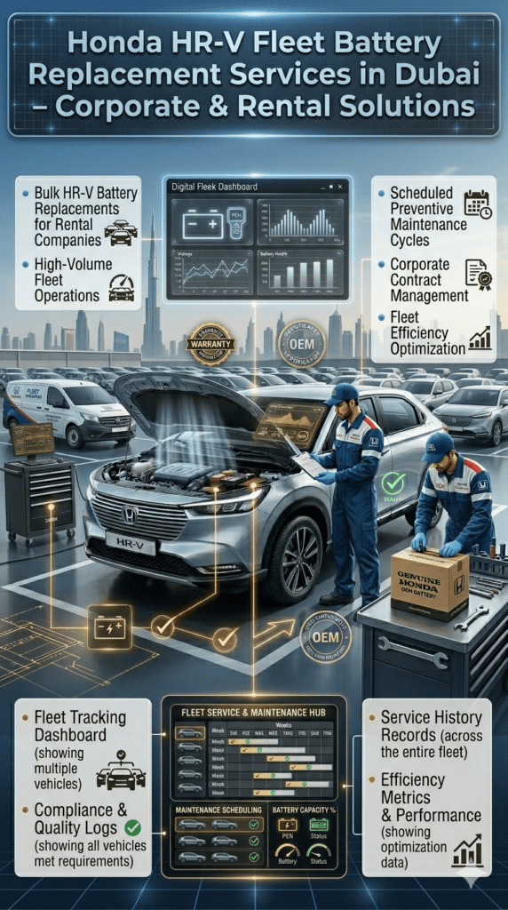Honda HR-V fleet battery replacement service in Dubai showing multiple vehicles, bulk installation, scheduled maintenance cycles, and corporate fleet management system.