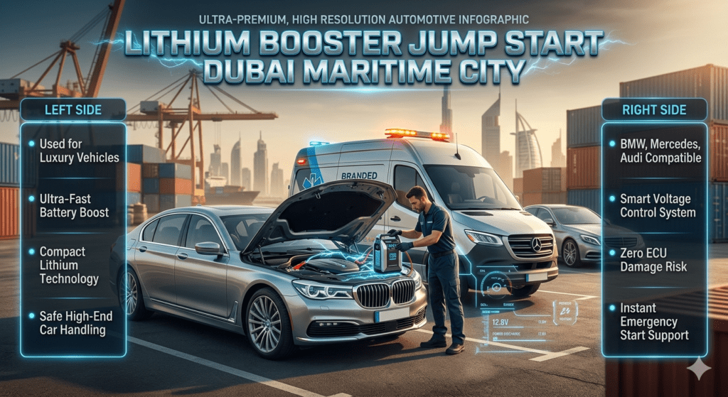 Technician using lithium booster device to safely jump start a luxury BMW in Dubai Maritime City with branded roadside van and futuristic diagnostic HUD display.