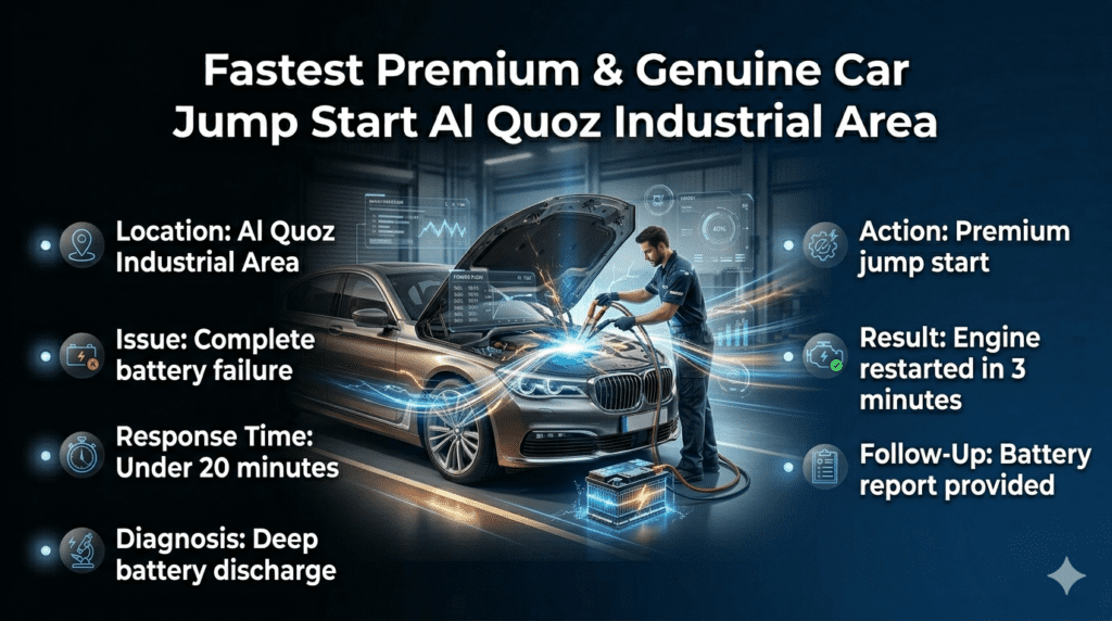 Car jump start case study in Al Quoz Industrial Area showing technician fixing a dead battery with key service results highlighted.