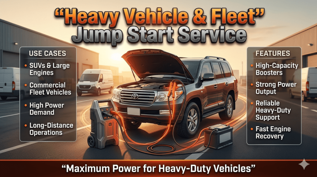 Heavy vehicle jump start service showing technician using high-capacity booster on SUV and delivery van for powerful engine ignition