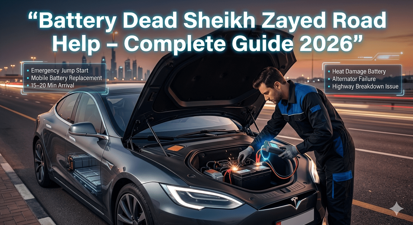 A professional mechanic repairing a luxury car battery on Sheikh Zayed Road Dubai, with emergency roadside assistance UI and guide text showing battery dead help solutions.
