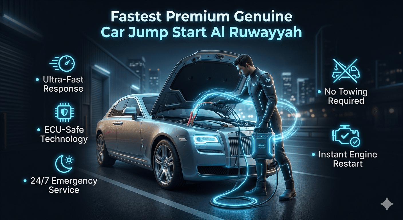 Fastest premium car jump start service in Al Ruwayyah with technician boosting a luxury vehicle battery using advanced equipment