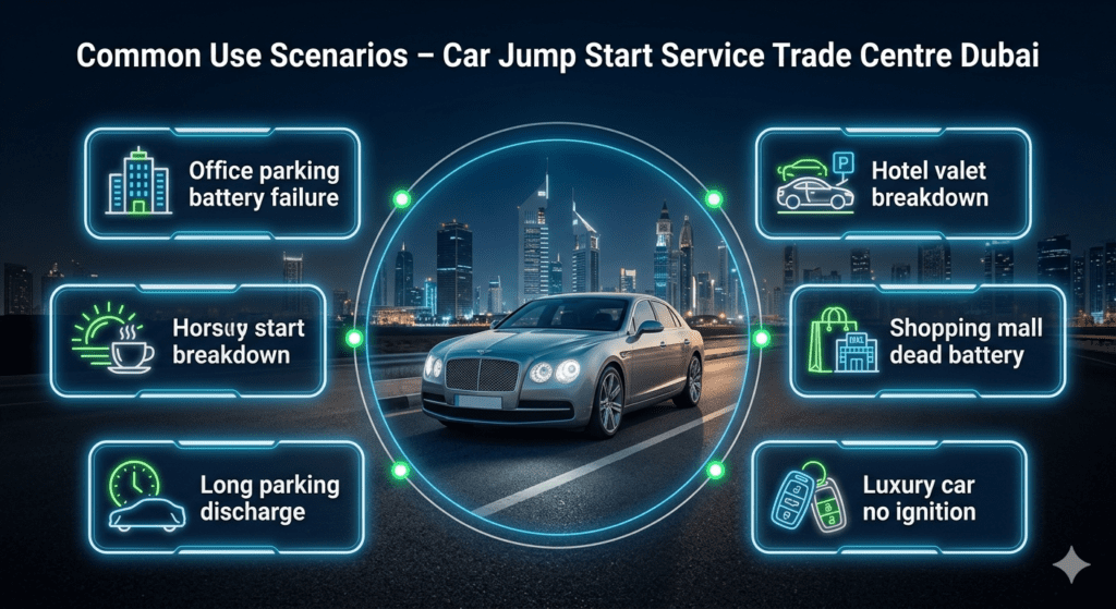 Premium infographic showing common car jump start scenarios in Trade Centre Dubai with luxury car in center and multiple emergency situation cards displayed in modern animated UI style.