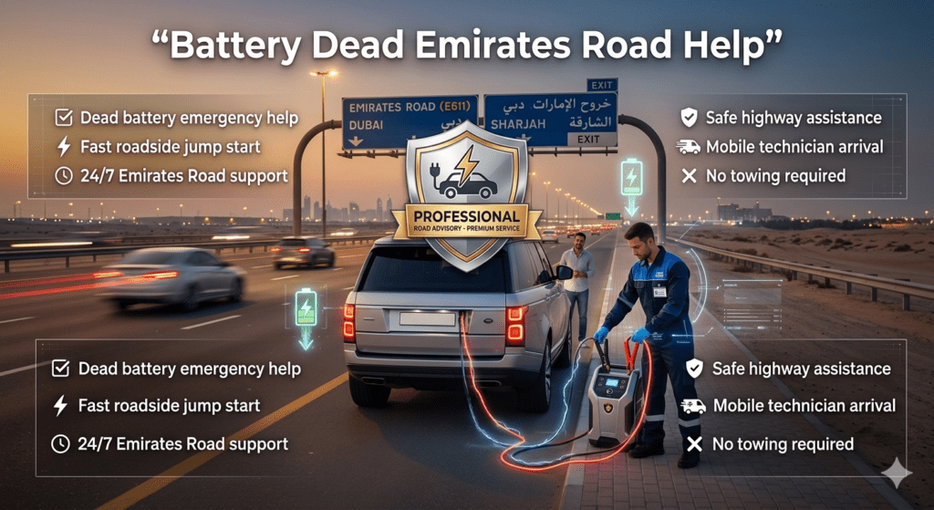 battery dead Emirates Road help showing roadside jump start service with technician assisting car battery failure on Dubai highway E611