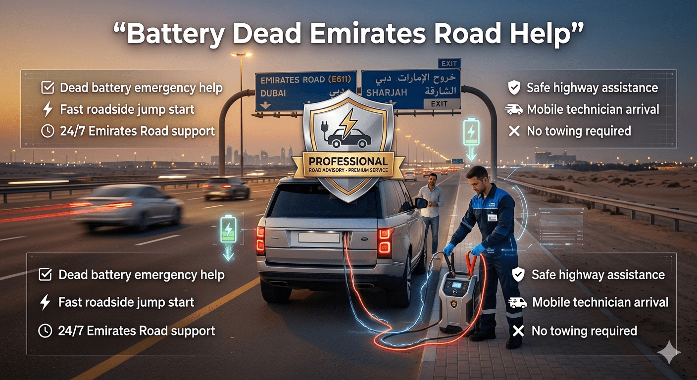 battery dead Emirates Road help showing roadside jump start service with technician assisting car battery failure on Dubai highway E611